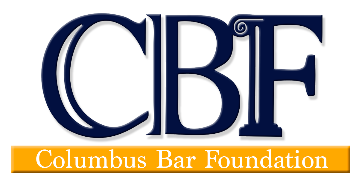 Logo of the Columbus Bar Foundation. Large dark blue letters CBF with a column integrated into the letter F. Below, a dark blue rectangle with the words Columbus Bar Foundation in white capital letters.