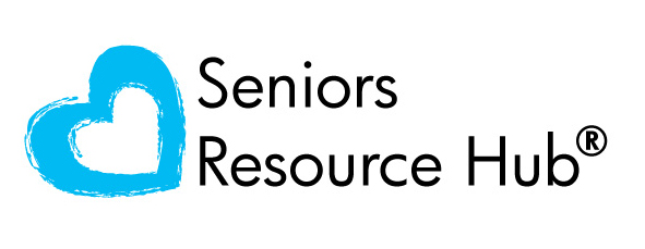 Logo with a stylized blue heart outline next to the text Seniors Resource Hub®. The heart has a brushstroke effect, and the text is in a sleek, black font.