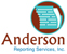 Logo of Anderson Reporting Services, Inc. featuring a stylized state outline with horizontal stripes and white dots, resembling paper or a document. Below the graphic, Anderson Reporting Services, Inc. is written in bold letters.