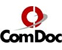 Logo featuring the text ComDoc in black, with a red circular design above it. A grey swoosh passes through the circle, suggesting motion or connection. The background is white.
