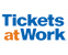 The image shows the Tickets at Work logo with the words Tickets in blue and at Work in orange. The logo has a clean and straightforward design.