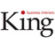 Logo with the word King in large, black serif font. A small red circle is above the letter i, and the words business interiors in smaller red letters are placed above the ng in King. White background.