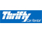 The image shows the Thrifty Car Rental logo, featuring the word Thrifty in bold, white letters on a blue background, with Car Rental in smaller font to the right.