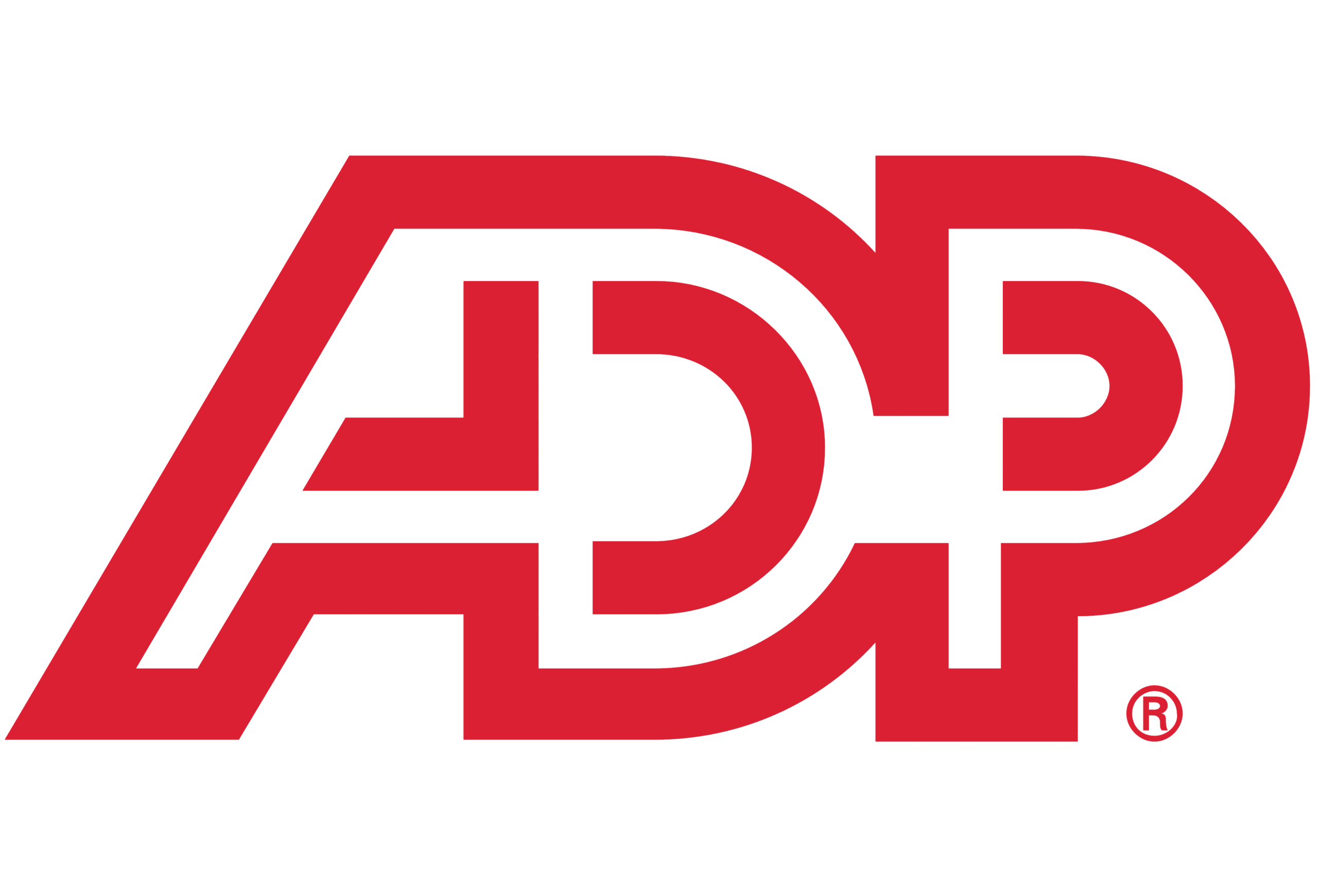 Red ADP logo in bold, stylized uppercase letters with a registered trademark symbol in the lower right corner, set against a transparent background.