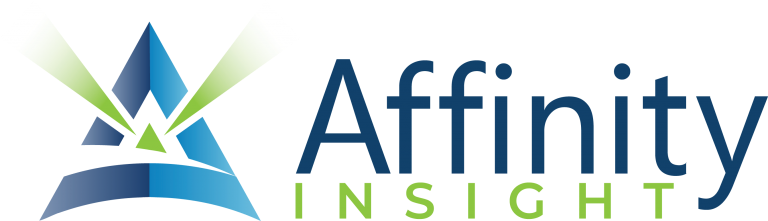 Affinity Insight logo featuring a stylized blue triangle with green and white accents, next to the words Affinity Insight in blue and green text.