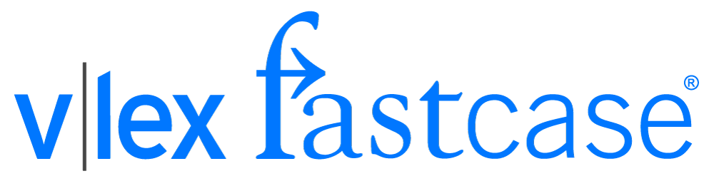 Logo with the words vlex fastcase in blue lowercase letters; the letters l and f are stylized, with a vertical line separating vlex and fastcase.